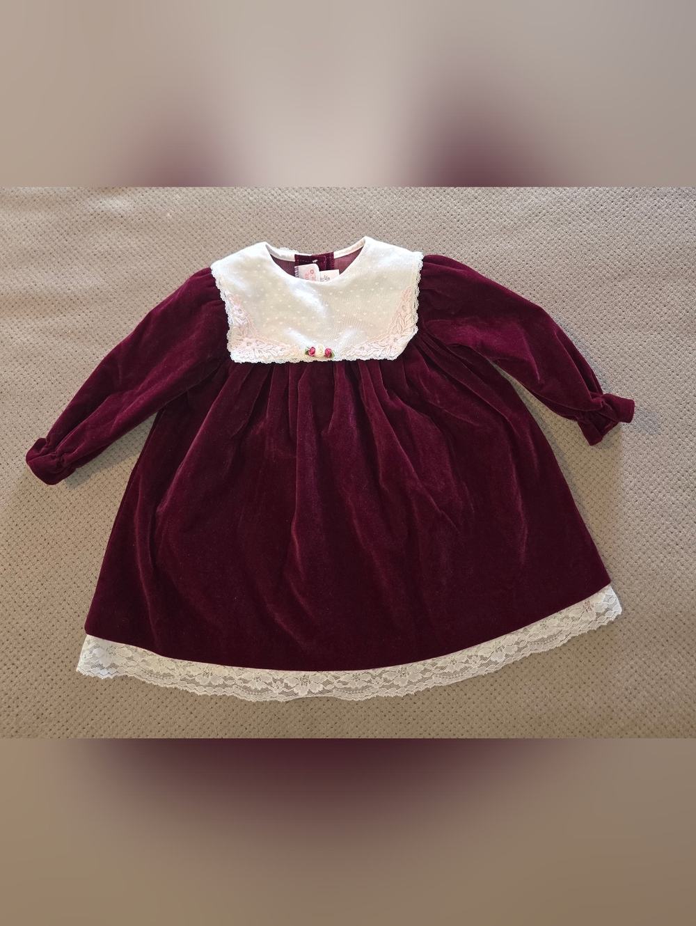 Allison Ann Vintage  Baby Dress 2T Burgundy Velvet Lace Rose Made In USA